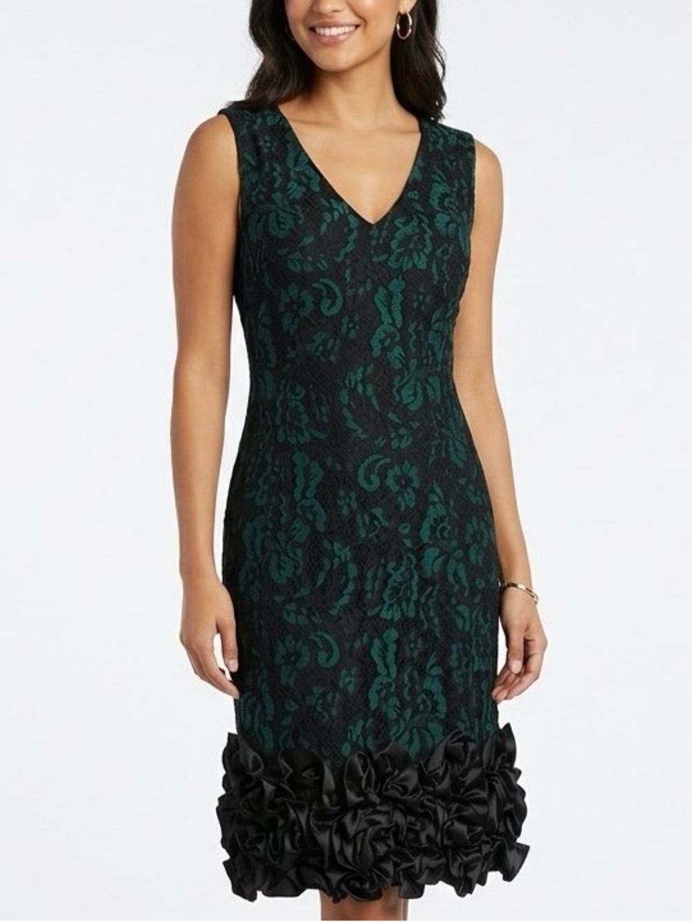 Donna Ricco Emerald Green Black Floral Lace Sleeveless Midi Rosette Hem Size 16